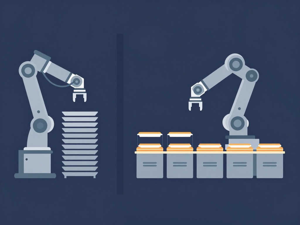 Two panels: a robot arm over a single work cell with a tall stack of identical repeats, against a robot arm over five different work cells with only a few repeats each